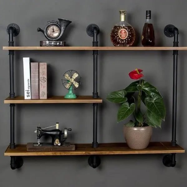 Étagère murale industrielle style bibliothèque en bois massif