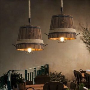 Suspension Industrielle Tonneau Effet Bois Rustique